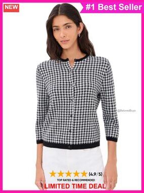 Gingham 3/4 Sleeve Button Cardigan Crew Neck Spring Summer Sweater